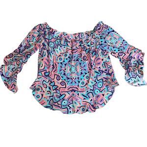 Alice & Trixie Pink Purple Blue Off-The-Shoulder Preppy Silk Blouse Medium